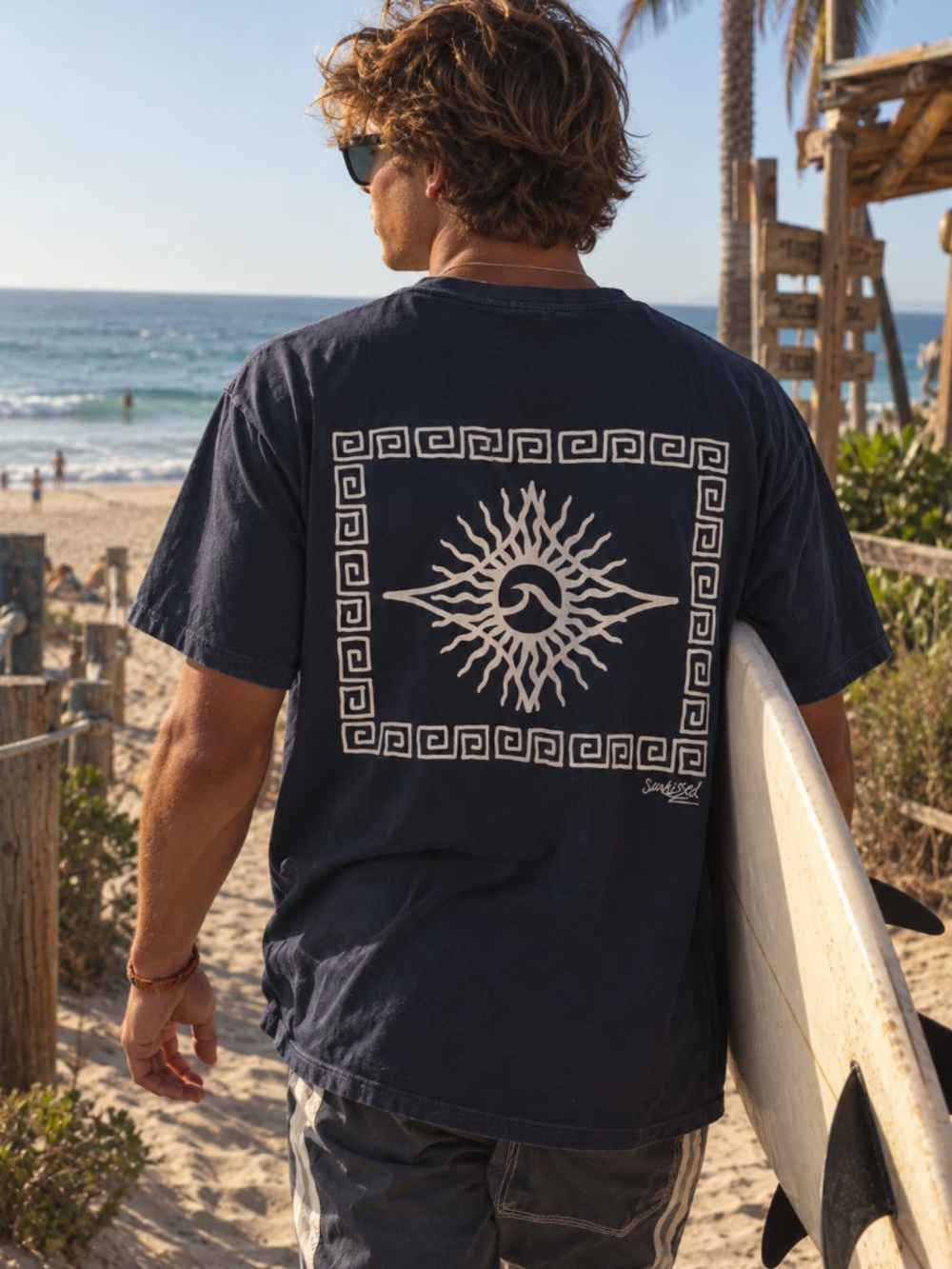 Retro style 90s Sun Wave Graphic Tee β Navy surfer boxy tee